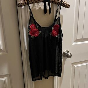 Black Sheer Lace Camisole with Red Floral Embroidery